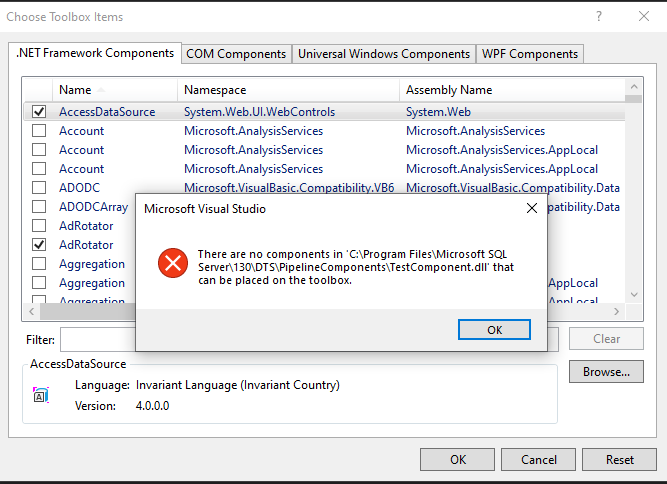 Visual Studio 2019 - 无法将自定义管道物件添加到工具箱 SSIS