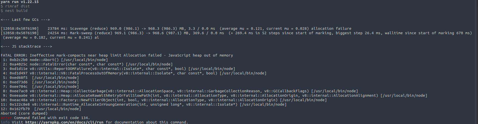 npm run build 上的 Nestjs“达到堆限制分配失败 - JavaScript 堆存储器不足”